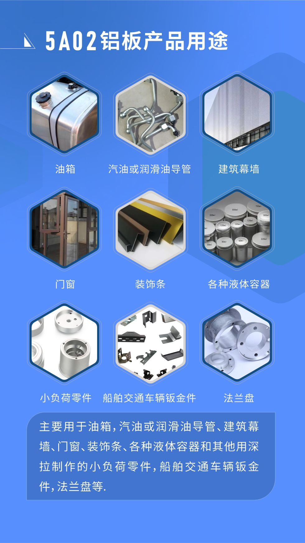 5A02鋁板產(chǎn)品用途:
主要用于油箱，汽油或潤(rùn)滑油導(dǎo)管、建筑幕墻、門窗、裝飾條、各種液體容器和其他用深拉制作的小負(fù)荷零件，船舶交通車輛鈑金件，法蘭盤等.
