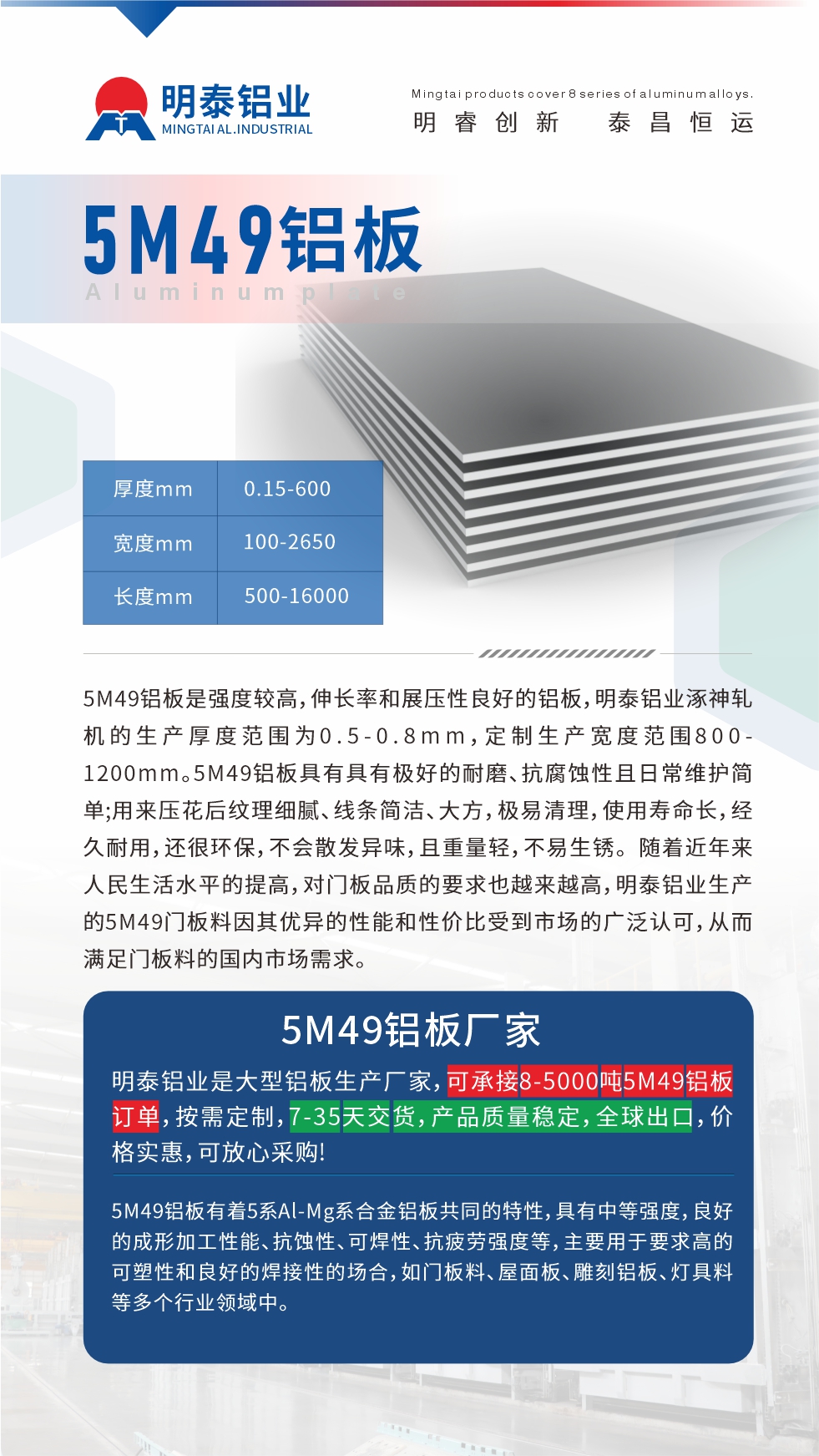 5M49鋁板是強(qiáng)度較高，伸長(zhǎng)率和展壓性良好的鋁板，明泰鋁業(yè)涿神軋機(jī)的生產(chǎn)厚度范圍為0.5-0.8mm，定制生產(chǎn)寬度范圍800-1200mm。5M49鋁板具有具有極好的耐磨、抗腐蝕性且日常維護(hù)簡(jiǎn)單;用來(lái)壓花后紋理細(xì)膩、線條簡(jiǎn)潔、大方，極易清理，使用壽命長(zhǎng)，經(jīng)久耐用，還很環(huán)保，不會(huì)散發(fā)異味，且重量輕，不易生銹。 隨著近年來(lái)人民生活水平的提高，對(duì)門板品質(zhì)的要求也越來(lái)越高，明泰鋁業(yè)生產(chǎn)的5M49門板料因其優(yōu)異的性能和性價(jià)比受到市場(chǎng)的廣泛認(rèn)可，從而滿足門板料的國(guó)內(nèi)市場(chǎng)需求。
