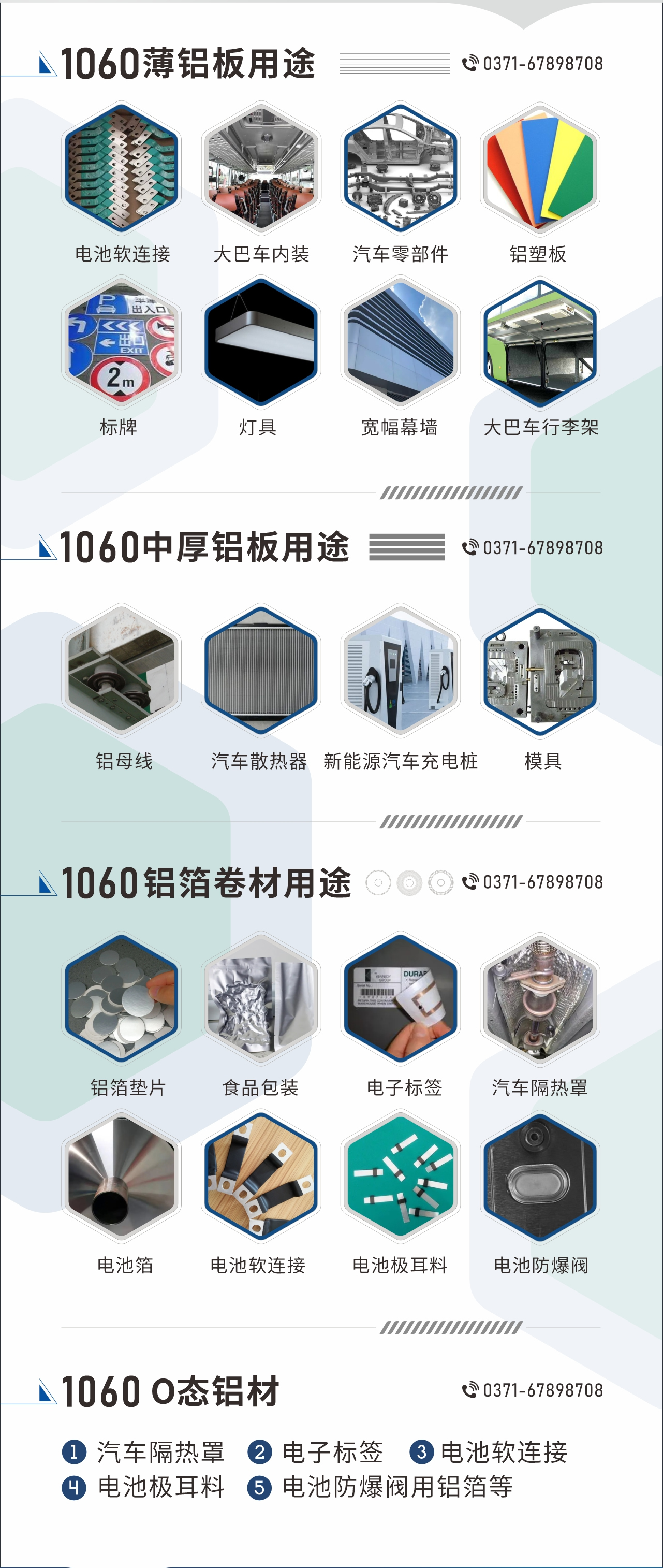 1060鋁板卷用途
　　1060鋁薄板用途： 電池軟連接、大巴車內(nèi)裝、汽車零部件、鋁塑板、標(biāo)牌、燈具、寬幅幕墻、大巴車行李架/地板/花紋板(宇通公司使用)等;1060中厚鋁板用途：鋁母線、汽車散熱器、新能源汽車充電樁、模具等;1060鋁箔卷材用途：鋁箔墊片、食品包裝、電子標(biāo)簽、汽車隔熱罩用鋁箔、電池箔、電池軟連接、電池極耳料、電池防爆閥等;1060-O態(tài)鋁材用途：汽車隔熱罩、電子標(biāo)簽、電池軟連接、電池極耳料、電池防爆閥用鋁箔等;1060鋁板多少錢1噸.1060鋁板價格=發(fā)貨當(dāng)天長江鋁錠價+加工費