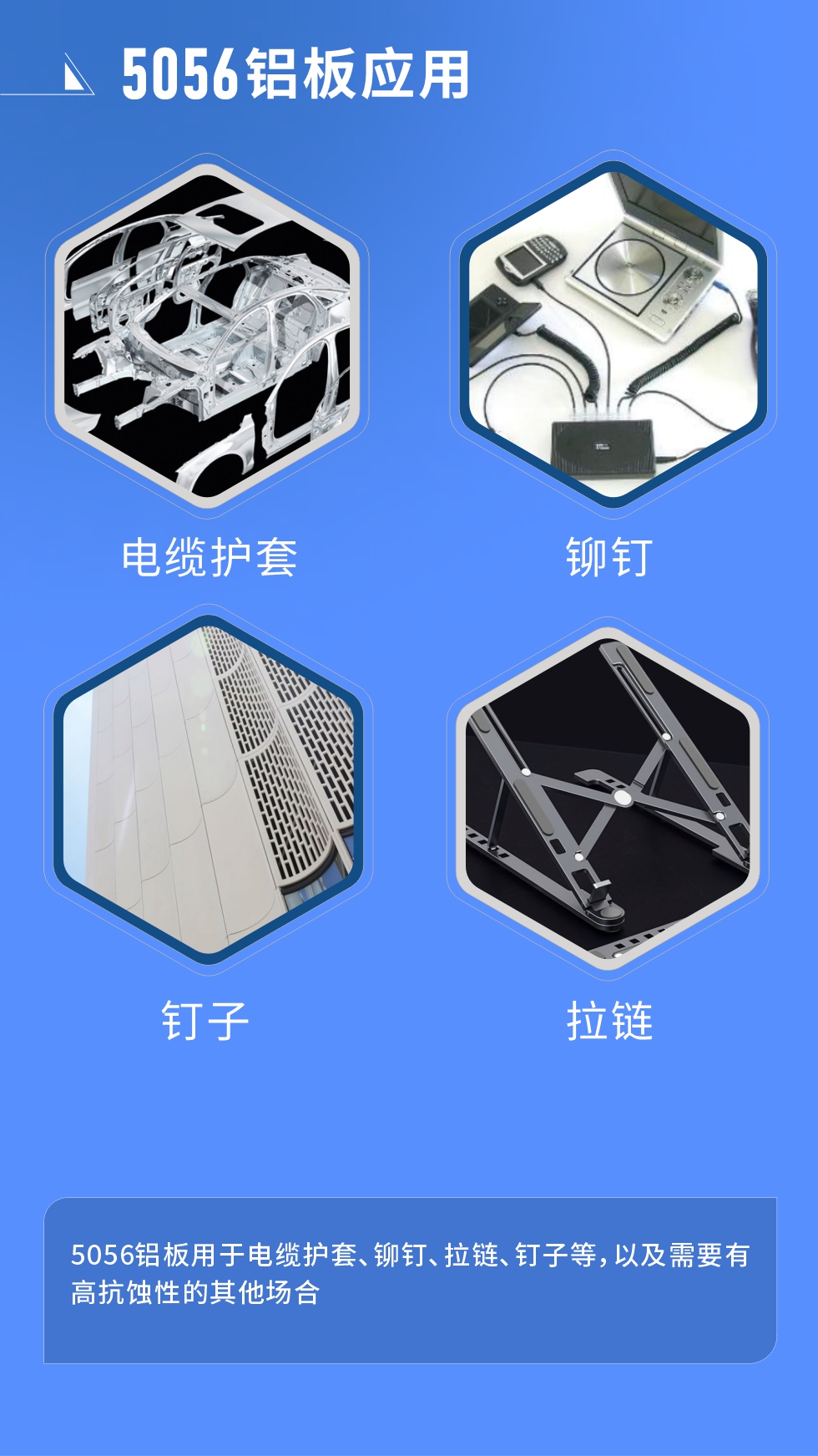 市場應用
　　5056鋁板用于電纜護套、鉚釘、拉鏈、釘子等，以及需要有高抗蝕性的其他場合。
　　5056鋁板生產(chǎn)廠家
　　明泰鋁業(yè)支持定做，為用戶合理推薦更合理產(chǎn)品規(guī)格，并提供優(yōu)惠報價，讓您選購無憂。
　　明泰鋁業(yè)是一家集科研、加工、制造為一體的大型現(xiàn)代化鋁加工企業(yè)。公司可生產(chǎn)1-8系鋁板帶箔產(chǎn)品，規(guī)格齊全。