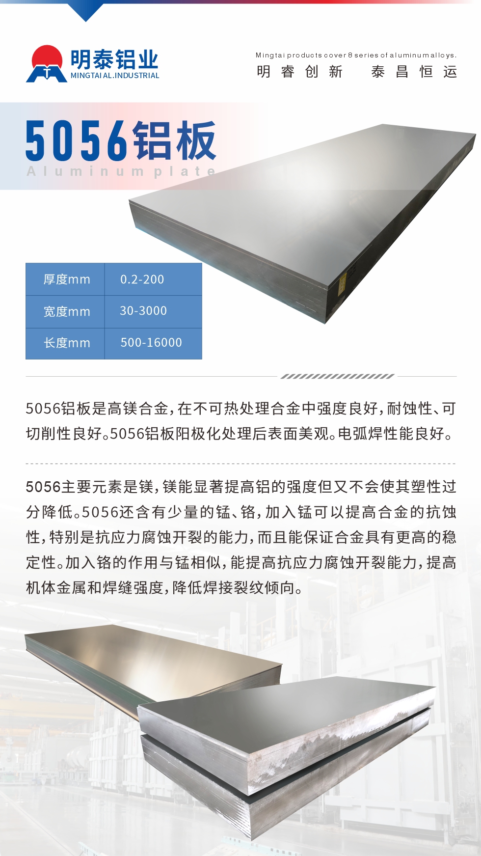 5056鋁板介紹
　　5056鋁板是高鎂合金，在不可熱處理合金中強度良好，耐蝕性、可切削性良好。5056鋁板陽極化處理后表面美觀。電弧焊性能良好。
　　5056主要元素是鎂，鎂能顯著提高鋁的強度但又不會使其塑性過分降低。5056還含有少量的錳、鉻，加入錳可以提高合金的抗蝕性，特別是抗應力腐蝕開裂的能力，而且能保證合金具有更高的穩(wěn)定性。加入鉻的作用與錳相似，能提高抗應力腐蝕開裂能力，提高機體金屬和焊縫強度，降低焊接裂紋傾向。