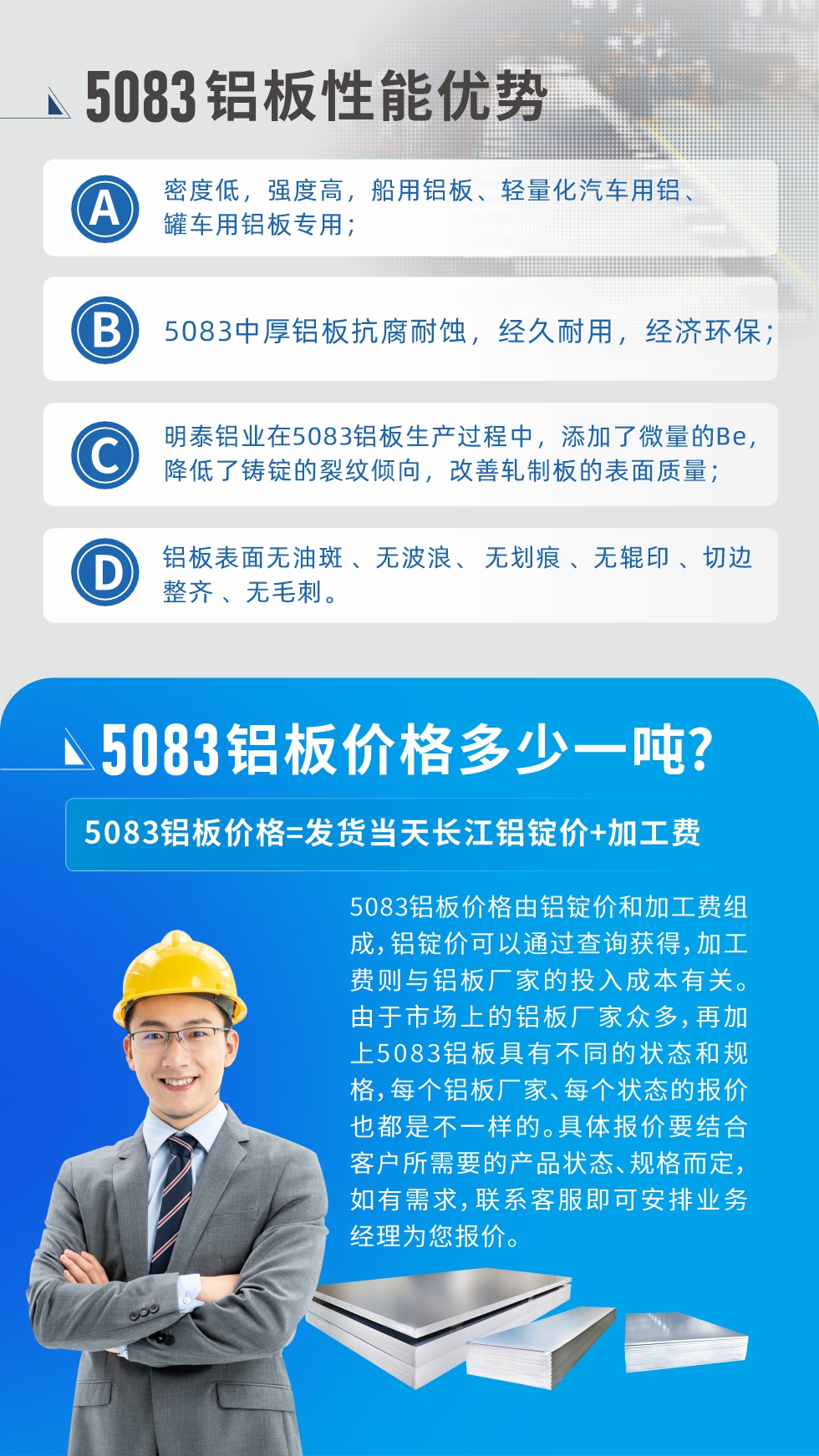 5083鋁板性能優(yōu)勢(shì):1、密度低，強(qiáng)度高，船用鋁板、輕量化汽車用鋁、罐車用鋁板專用；2、5083中厚鋁板抗腐耐蝕，經(jīng)久耐用，經(jīng)濟(jì)環(huán)保；3、明泰鋁業(yè)在5083鋁板生產(chǎn)過程中，添加了微量的Be，降低了鑄錠的裂紋傾向，改善軋制板的表面質(zhì)量；4、鋁板表面無油斑 、無波浪、 無劃痕 、無輥印 、切邊整齊 、無毛刺。
5083鋁板價(jià)格信息:5083鋁板價(jià)格由鋁錠價(jià)和加工費(fèi)組成，鋁錠價(jià)可以通過查詢獲得，加工費(fèi)則與鋁板廠家的投入成本有關(guān)。由于市場(chǎng)上的鋁板廠家眾多，再加上5083鋁板具有不同的狀態(tài)和規(guī)格，每個(gè)鋁板廠家、每個(gè)狀態(tài)的報(bào)價(jià)也都是不一樣的。具體報(bào)價(jià)要結(jié)合客戶所需要的產(chǎn)品狀態(tài)、規(guī)格而定，如有需求，聯(lián)系客服即可安排業(yè)務(wù)經(jīng)理為您報(bào)價(jià)。
5083鋁板價(jià)格=發(fā)貨當(dāng)天長江鋁錠價(jià)+加工費(fèi)。
5083鋁板廠家:河南明泰鋁業(yè)生產(chǎn)5083鋁合金薄板、5083熱鋁板、5083中厚鋁板、5083船用鋁板、5083花紋鋁板等等，按需定制生產(chǎn)，規(guī)格齊全，歡迎來廠考察參觀，更多相關(guān)產(chǎn)品詳細(xì)信息和優(yōu)惠報(bào)價(jià)，可點(diǎn)擊右側(cè)在線咨詢，也可撥打咨詢電話：0371-67898708快速獲取!