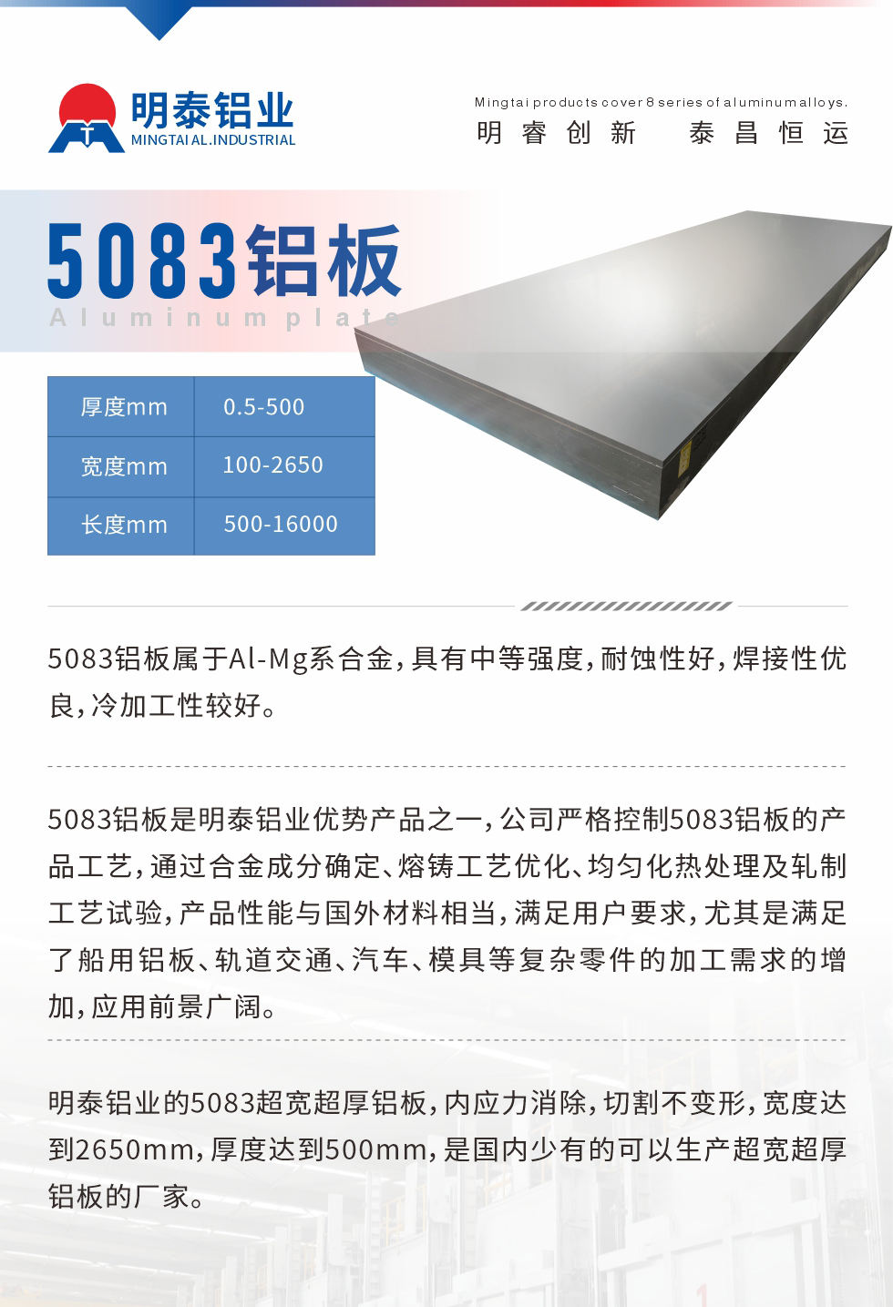 5083鋁板屬于Al-Mg系合金，具有中等強(qiáng)度，耐蝕性好，焊接性優(yōu)良，冷加工性較好。
　　5083鋁板是明泰鋁業(yè)優(yōu)勢(shì)產(chǎn)品之一，公司嚴(yán)格控制5083鋁板的產(chǎn)品工藝，通過合金成分確定、熔鑄工藝優(yōu)化、均勻化熱處理及軋制工藝試驗(yàn)，產(chǎn)品性能與國外材料相當(dāng)，滿足用戶要求，尤其是滿足了船用鋁板、軌道交通、汽車、模具等復(fù)雜零件的加工需求的增加，應(yīng)用前景廣闊。
　　明泰鋁業(yè)的5083超寬超厚鋁板，內(nèi)應(yīng)力消除，切割不變形，寬度達(dá)到2650mm，厚度達(dá)到500mm，是國內(nèi)少有的可以生產(chǎn)超寬超厚鋁板的廠家。