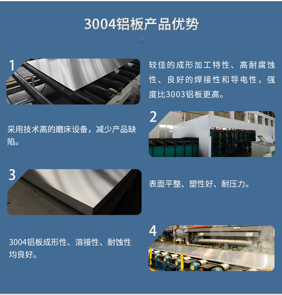 3004鋁板產(chǎn)品優(yōu)勢
　　1、較佳的成形加工特性、高耐腐蝕性、良好的焊接性和導電性，強度比3003鋁板更高。
　　2、采用技術高的磨床設備，減少產(chǎn)品缺陷。
　　3、表面平整、塑性好、耐壓力。
　　明泰3004鋁板優(yōu)勢
　　1、3004鋁板成形性、溶接性、耐蝕性均良好。
　　2、好的成形加工特性、高耐腐蝕性、良好的焊接性和導電性，強度比3003鋁板更高。
　　3、3004鋁板表面平整、塑性好、耐壓力;
　　4、采用國際先進的磨床設備，減少產(chǎn)品缺陷。