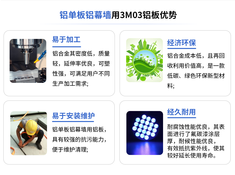鋁單板鋁幕墻用3M03鋁板優(yōu)勢
易于加工
鋁合金其密度低，質(zhì)量輕，延伸率優(yōu)良，可塑性強，可滿足用戶不同生產(chǎn)加工需求;
易于安裝維護
鋁單板鋁幕墻用鋁板具有較強的抗污能力，便于維護清理;
經(jīng)濟環(huán)保
鋁合金成本低，且再回收利用價值高，是一款低碳、綠色環(huán)保新型材料，
經(jīng)久耐用
耐腐蝕性能優(yōu)良，其表面進行了氟碳漆涂層厚，耐候性能優(yōu)良，有效抵抗紫外線，使其較好延長使用壽命。